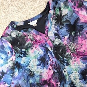 CJ Banks Floral Print Sheer Blouse Long Sleeve‎ Pleated V-Neck Size 2X